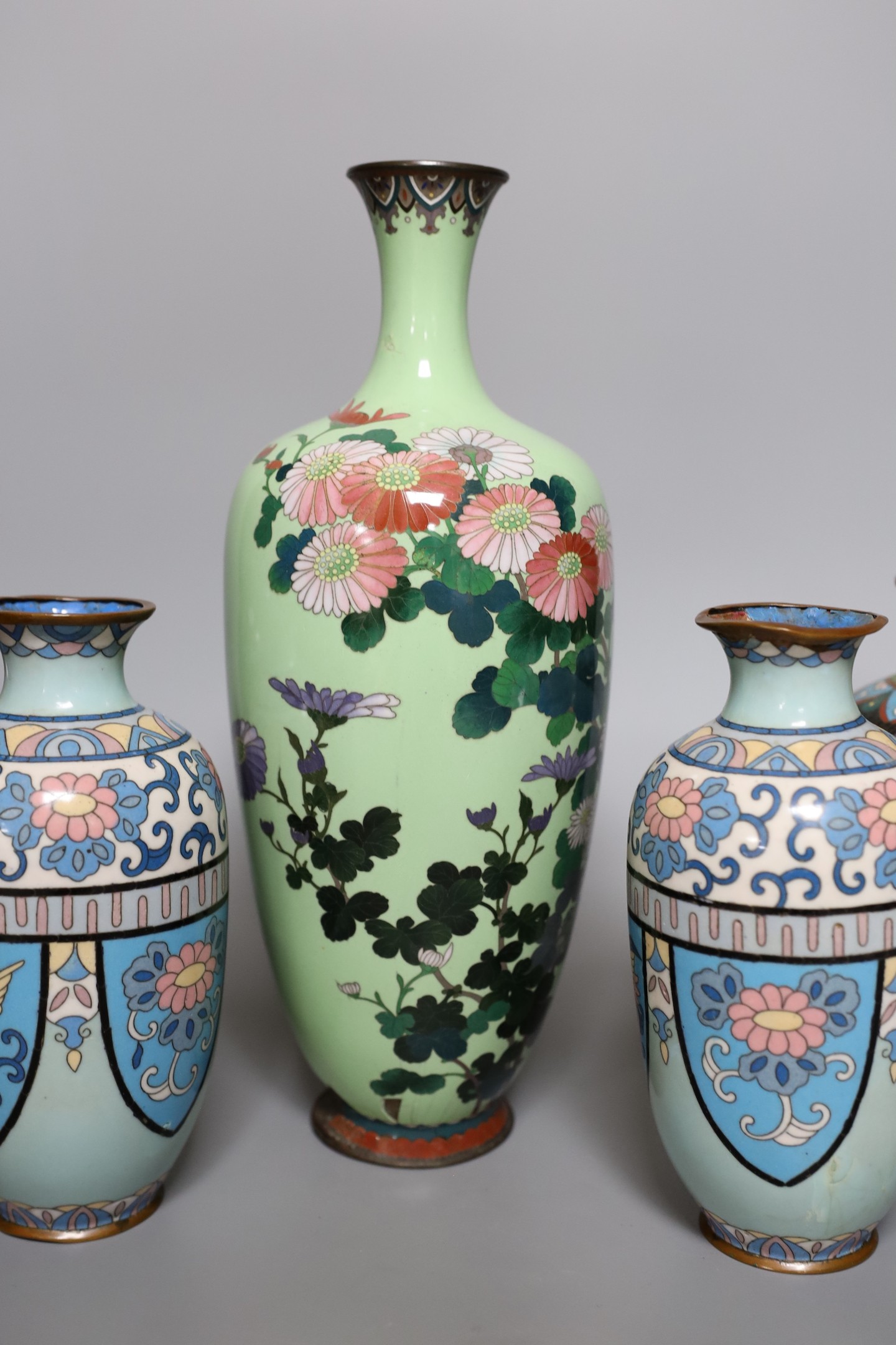 Assorted Japanese Meiji cloisonne vases, tallest 30cm